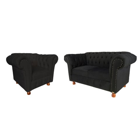 Conjunto Sofá Namoradeira Luis XV Chesterfield Capitone Suede PRETO Decorativa / Sala, Tv, Estar, Re