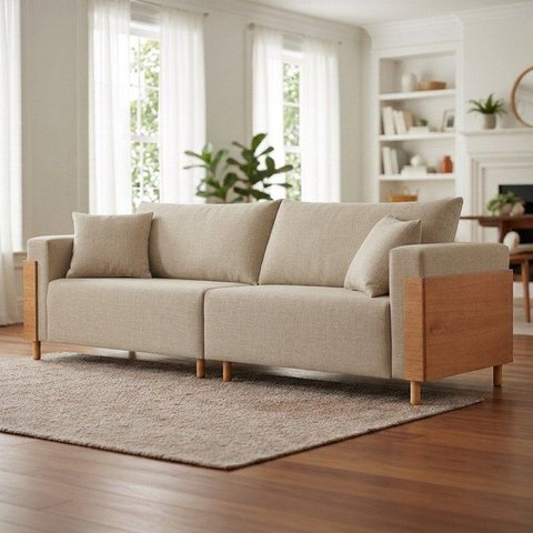 Sofá Living Fixo 2 Lugares 180cm Linho Pé de Madeira Heitor Bege