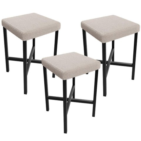 Kit 03 Banquetas Baixa Bar Cozinha Sala de Jantar Preto Stella L02 Bouclê Creme - Lyam Decor