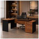 Ver imagem 4 de Mesa Pedestal Gaveteiro em L com Vidro Fumê Nogal Sevilha/Preto 21407