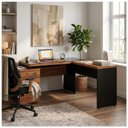 Ver imagem 3 de Mesa Pedestal Gaveteiro em L com Vidro Fumê Nogal Sevilha/Preto 21407