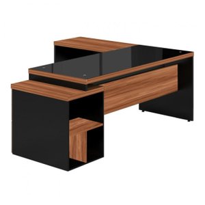 Mesa Pedestal Gaveteiro em L Vidro Fumê - Workstart - Nogal Sevilha/preto - 21407