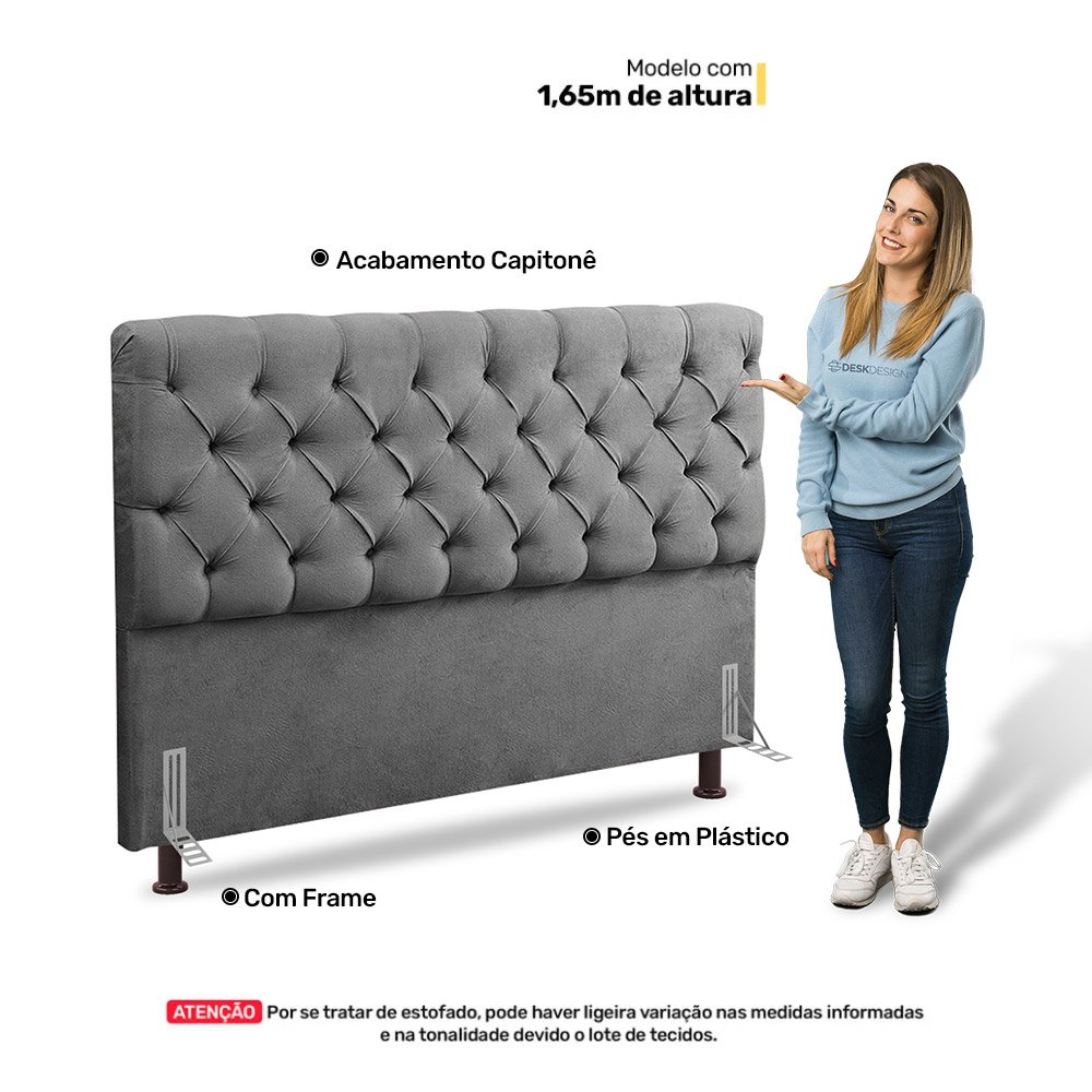 Cabeceira Cama Box Casal Lylla 140cm Capitonê com Frame Suede Cinza - Desk Design - 3