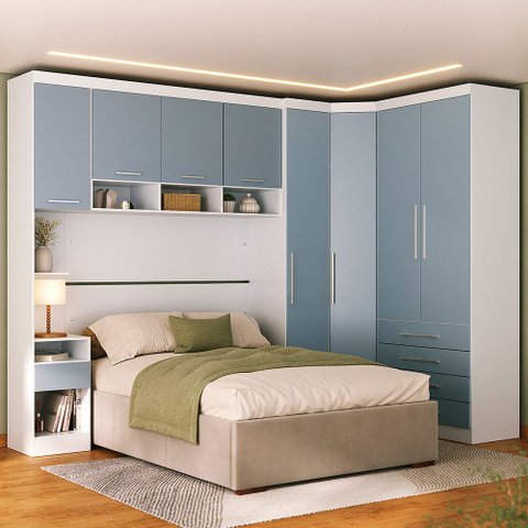 Quarto Modulado Queen de Canto com Guarda-roupas Maleiro e Cabeceira Alpes Master Luciane Móveis
