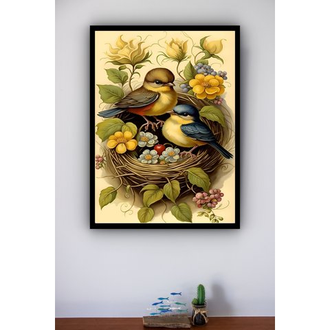 Quadro Decorativo Pássaros Ninho Fruta Flores - 70x50cm:moldura Preta