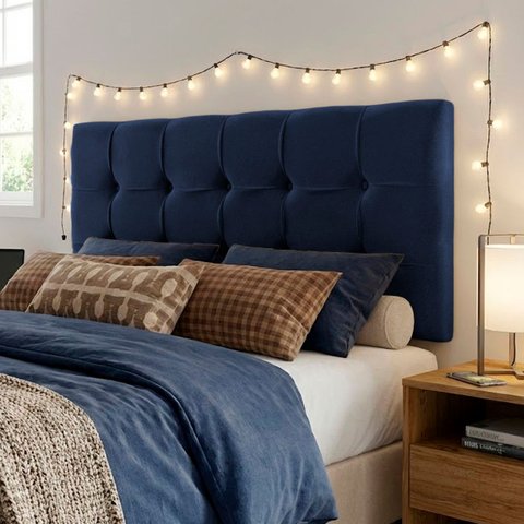 Cabeceira Painel Estofada Grecia Suede Azul Casal 1,40m para Cama Box