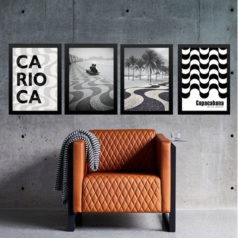 Kit 4 Quadros Rio de Janeiro - Copacabana 45x34cm - com Vidro:moldura Branca