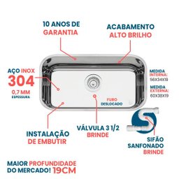 Cuba Aço Inox 304 Pia Cozinha American Steel N2 56x34x19 - 2