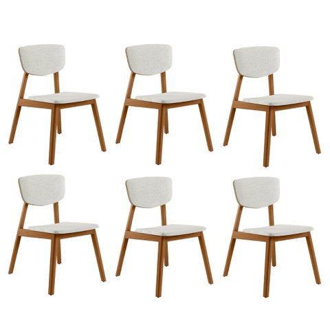 Kit 6 Cadeiras Decorativas Sala de Jantar Madeira Maciça Lang Linho Off White/Freijó - Gran Belo