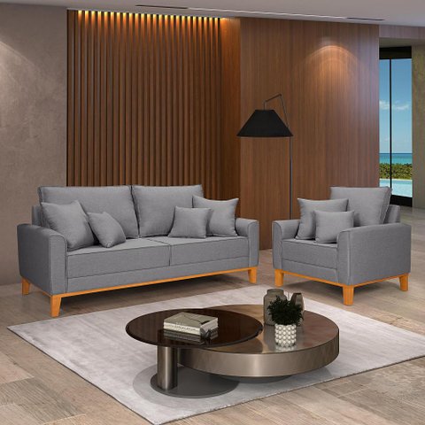 Conjunto de Sofá Living Beny 2 Lugares com Poltrona Base Madeira Linho