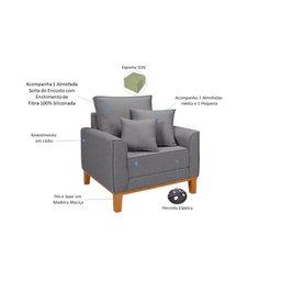 Conjunto de Sofá Living Beny 2 Lugares com Poltrona Base Madeira Linho - 6