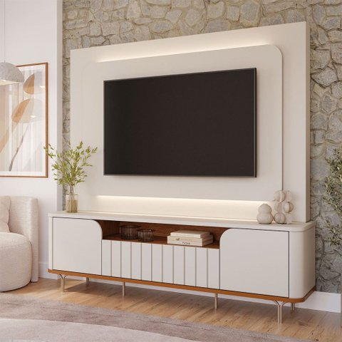 Estante para TV até 70 Polegadas Diamantina 2 Portas 1 Gaveta com LED 100% MDF Off White/Cinamomo - 