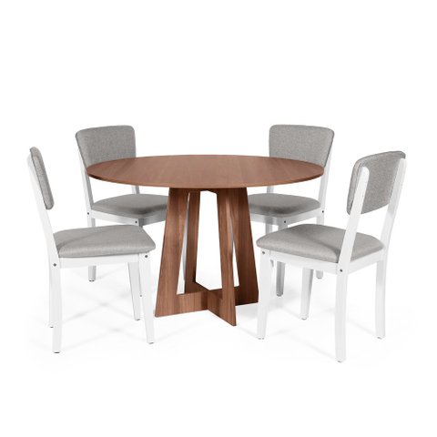 Mesa de Jantar Redonda Montreal Noronha com 4 Cadeiras Estofadas Ella Branco/cinza Claro