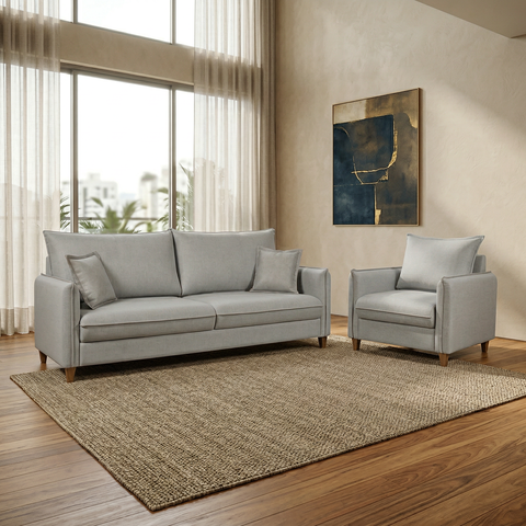 Kit Conjunto Sofá Living Córdoba e Poltrona Tecido Linho Cinza Claro 1,80m