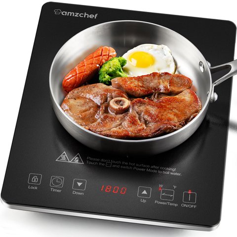 Amzchef Fogão de Indução Portátil com Design Ultra Fino, 1800w (preto/prata)