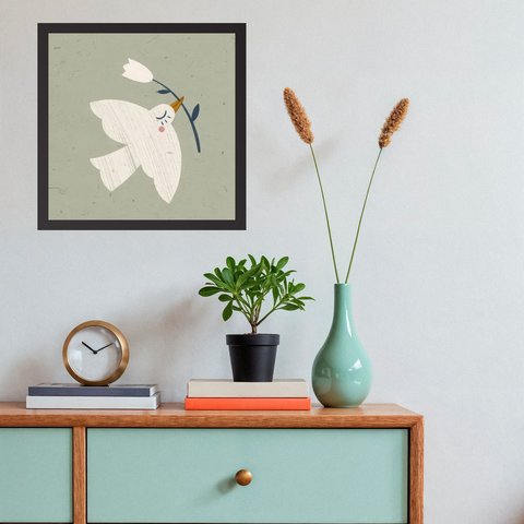 Quadro Ilustração Passarinho Branco com Flor - 33x33cm - com Vidro:moldura Preta