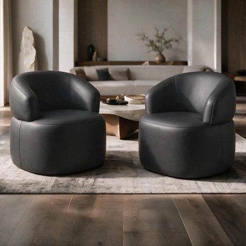 Kit 02 Poltronas Giratória Sala de Estar Living Orgânico Carmen F04 Couríssimo Preto- Lyam Decor