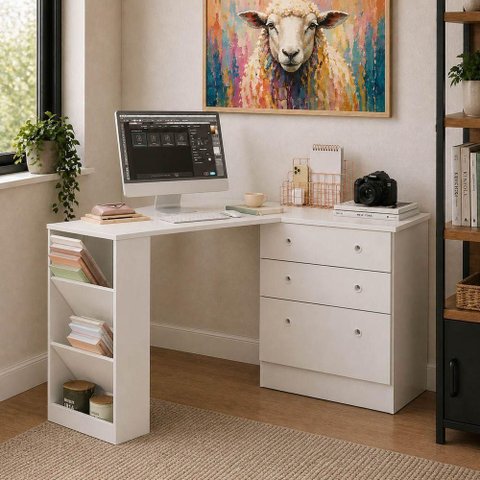 Cômoda Mesa de Escritório Retrátil Zoe 3 Gavetas MDP 91.3cm Branco Loja Sheep