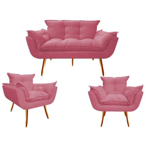Kit Namoradeira + 2 Poltronas Decorativa Opala Suede Rosa Pés Madeira Ms Decor