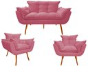 Ver imagem 1 de Kit Namoradeira + 2 Poltronas Decorativa Opala Suede Rosa Pés Madeira Ms Decor