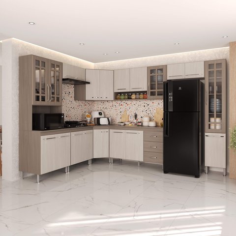 Armário de Cozinha Modulada Completa Fidelitá Paris 9 Peças 515cm 20 Portas 3 Gavetas com Tampo