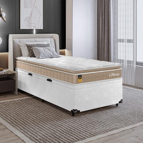 Cama Box Baú Solteiro Couro Branco + Colchão Life D33 Bege