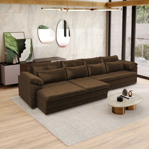 Sofá Retrátil Elétrico Sala de Estar Nolan Bipartido 414cm Conforto Premium em Couro Marrom Chocolat