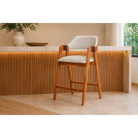 Banqueta Tessara Madeira Macica Encosto Concha MDF Laminado Linho Cru
