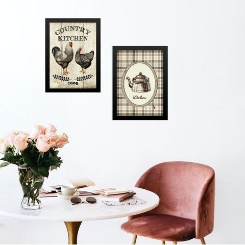 Kit 2 Quadros Cozinha Country Kitchen 33x24cm - com Vidro:madeira Branca
