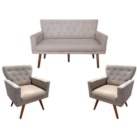 Kit Namoradeira + 2 Poltronas Decorativa Aurora Suede Bege Pés Madeira Mz Decor