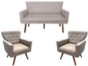 Ver imagem 1 de Kit Namoradeira + 2 Poltronas Decorativa Aurora Suede Bege Pés Madeira Mz Decor
