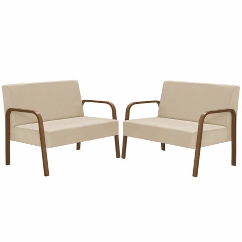 Kit Poltrona Decorativa 2 Namoradeiras de 2 Lugares Jade Braço Madeira D Salla Suede Bege