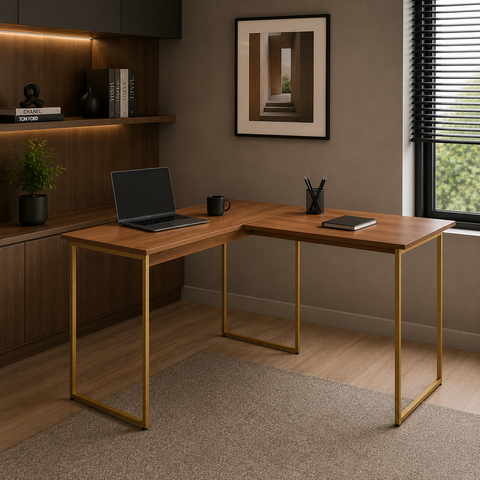 Mesa para Computador em L com Pé de Ferro 120x90 cm Max - Freijó/Dourado