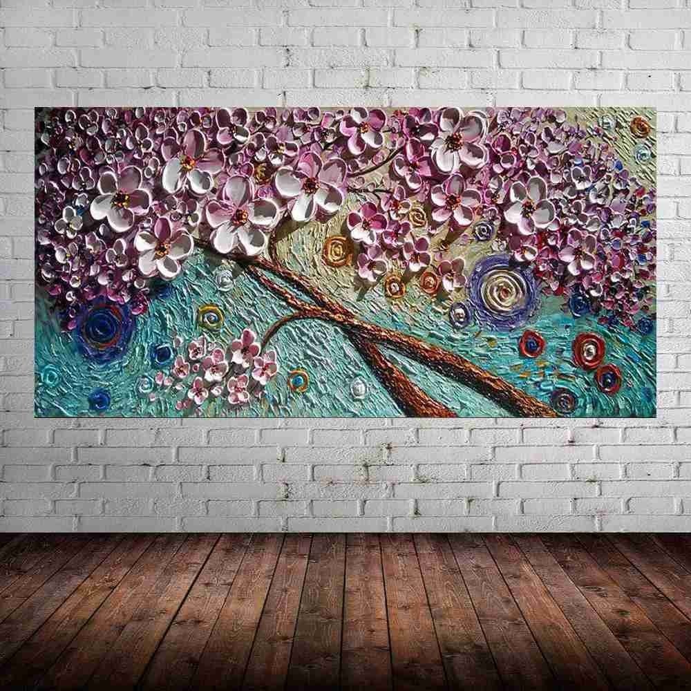 Quadro Pintura Tela Arvores e Flores Modernas Em Altos Relevos 2088: 50cm (A) x 100cm (L)