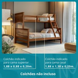 Beliche com Cama Casal Solteiro Madeira Maciça Grade Escada - 4