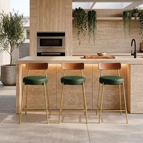 Banqueta Cozinha Média Encosto Castanho KIT3 Industrial Dourado Londrina PU D03 - D'Rossi