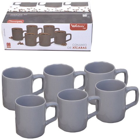 Jogo de Xicara para Cafe de Porcelana Cinza C/ 6 Pecas 100ml