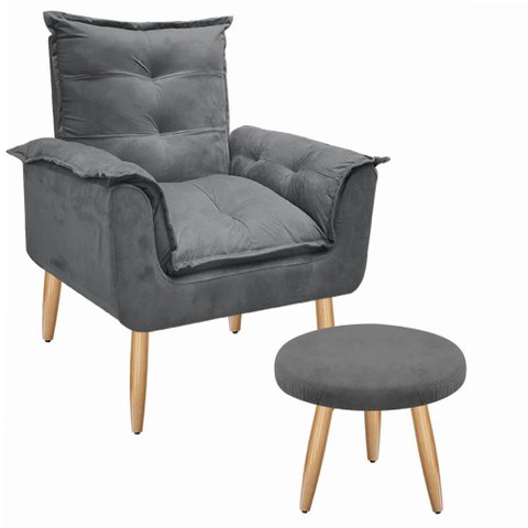 Kit Poltrona Opala Júlia Cadeira Decorativa + Puff Redondo Pés Palito Mercado Dos Móveis:cinza