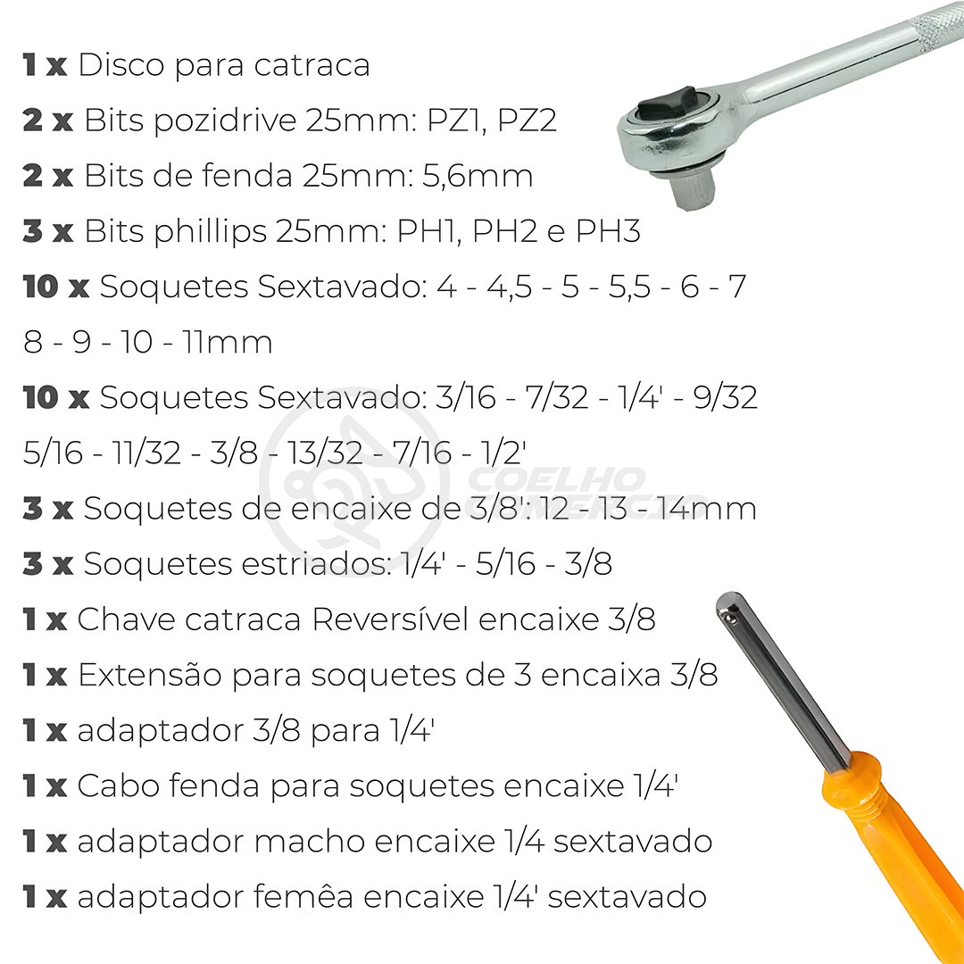 Kit Completo Jogo Chave Catraca Reversível Conjunto de Ferramentas com 40 Soquetes de 1/4 e 3/8 - 5