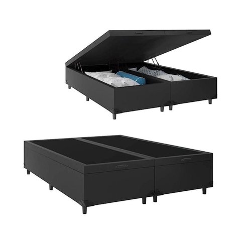 Cama Báu Box Base Casal Bipartido Sintético Preto com Pistão a Gás