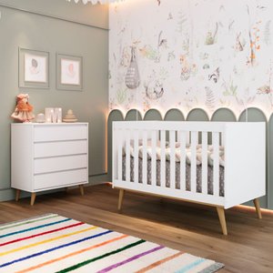 Quarto de Bebê Retrô Lorena Berço 3 em 1 Ludmila Cômoda Infantil Branco Fosco Bétula Carolina Baby