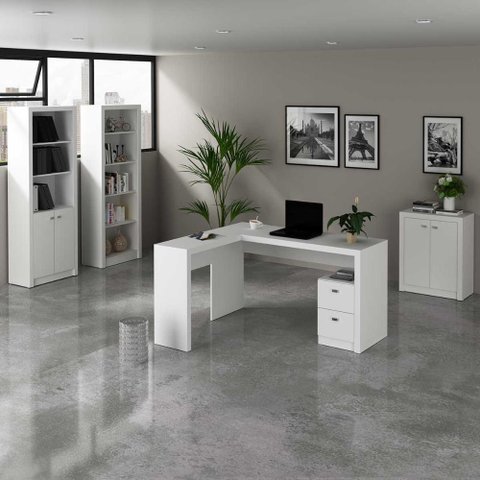 Kit Escritório Completo com Mesa em L Gavetas e Estantes Cor:branco