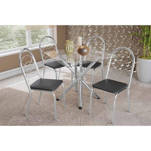 Kit 4 Cadeiras Sala Jantar Volga C/ Tampo de Vidro 90cm e 4 Cadeiras Holanda Cromada - Courano Preto