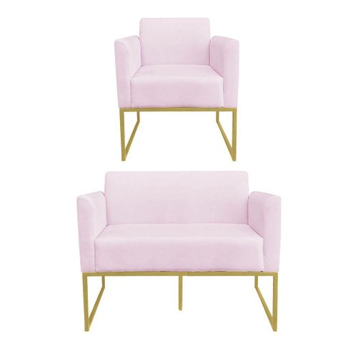 01 Namoradeira e 01 Poltrona Marisa Suede Rosa Bebê