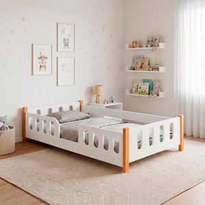 Cama de Criança Infantil Juvenil Montessoriana Melissa com Grade de Proteção Branca