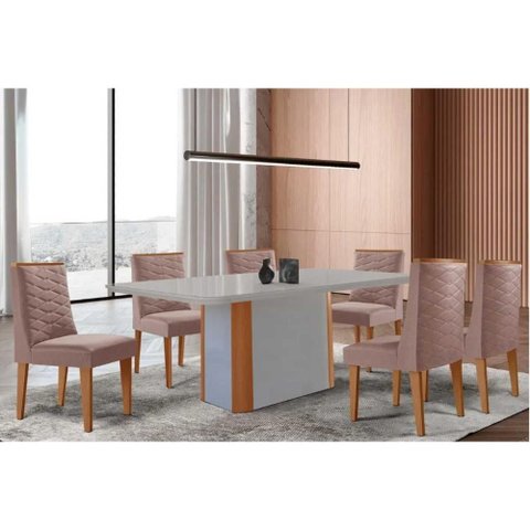 Conjunto: Mesa de Cozinha Pietã¡ Curvo 180cm + 6 Cadeiras Dafne Madeira Naturale/Off White -