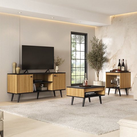 Conjunto Sala de Estar Tóquio 3 Peças – Rack para Tv, Mesa de Centro e Mesa de Apoio Cor Mel/preto 55,5cmx135cm