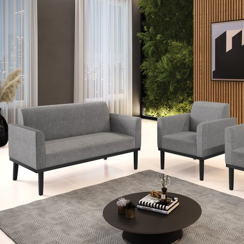Conjunto Poltrona e Namoradeira Decorativa Isabella Pés Fixo em Madeira Preto Linho Cinza Mesclado G