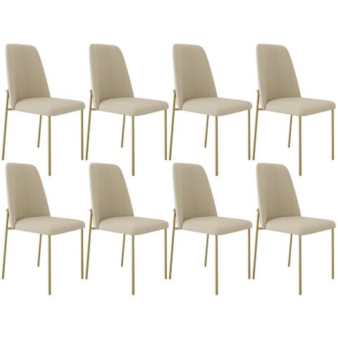 Kit 08 Cadeiras Decorativa Estofada para Sala de Jantar Dourada Bella L02 Linho Bege Escuro - Lyam