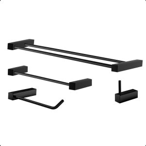 Kit de Acessórios para Banheiro Duplo 4 Peças Suporte Quadrado Grego Metal Preto Fosco Troia